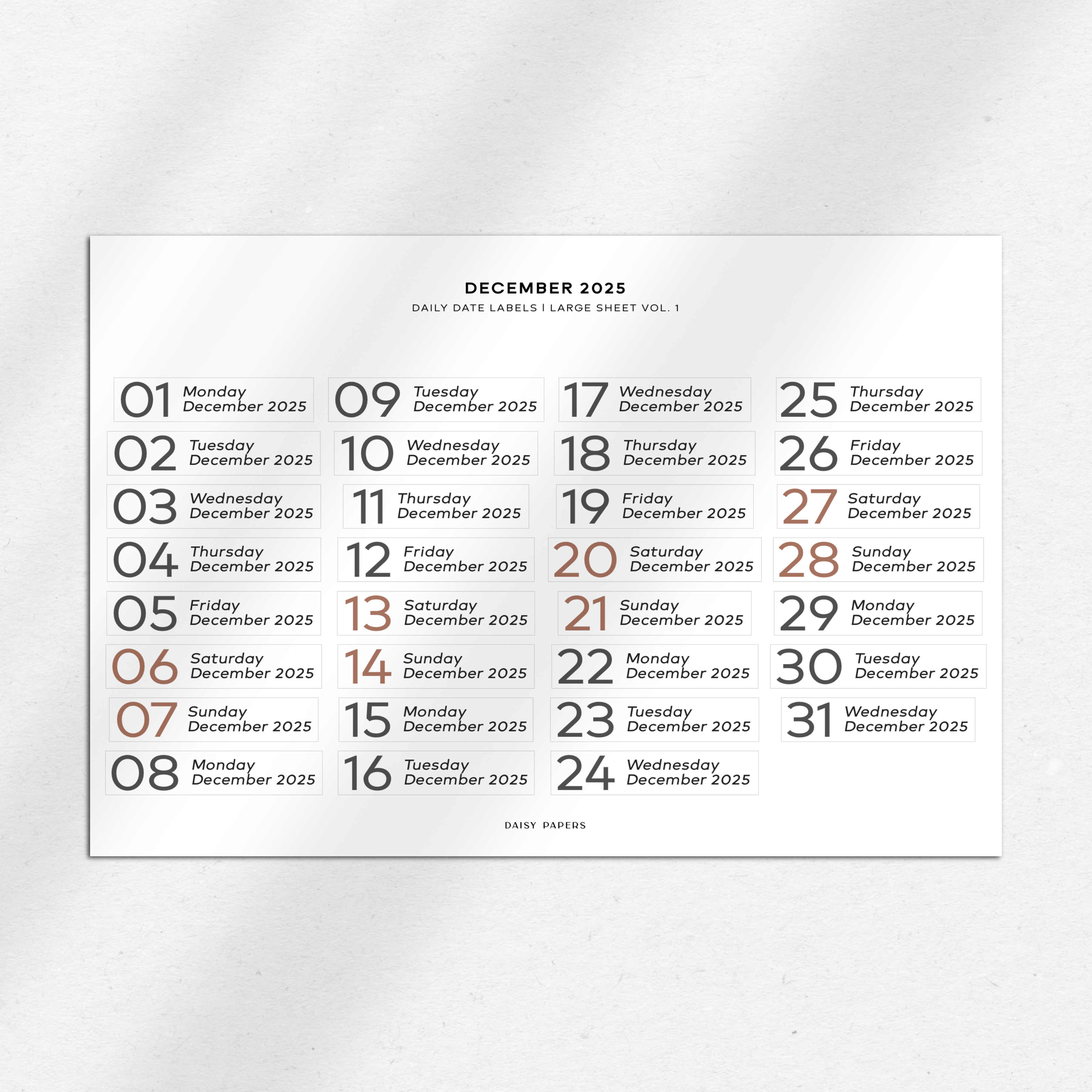 2025 Daily Date Labels - Large Sheet Vol. 1 - January to December