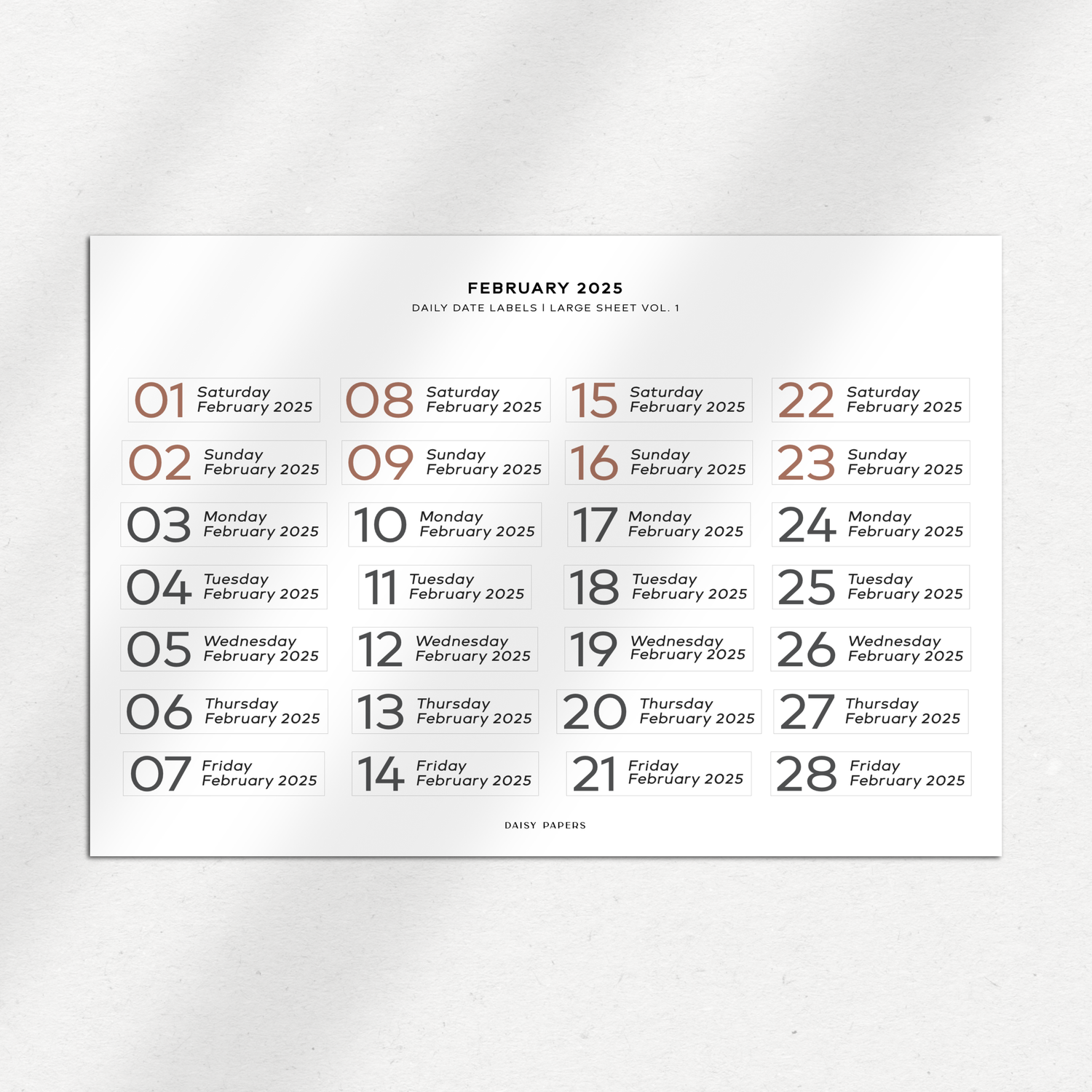 2025 Daily Date Labels - Large Sheet Vol. 1 - January to December