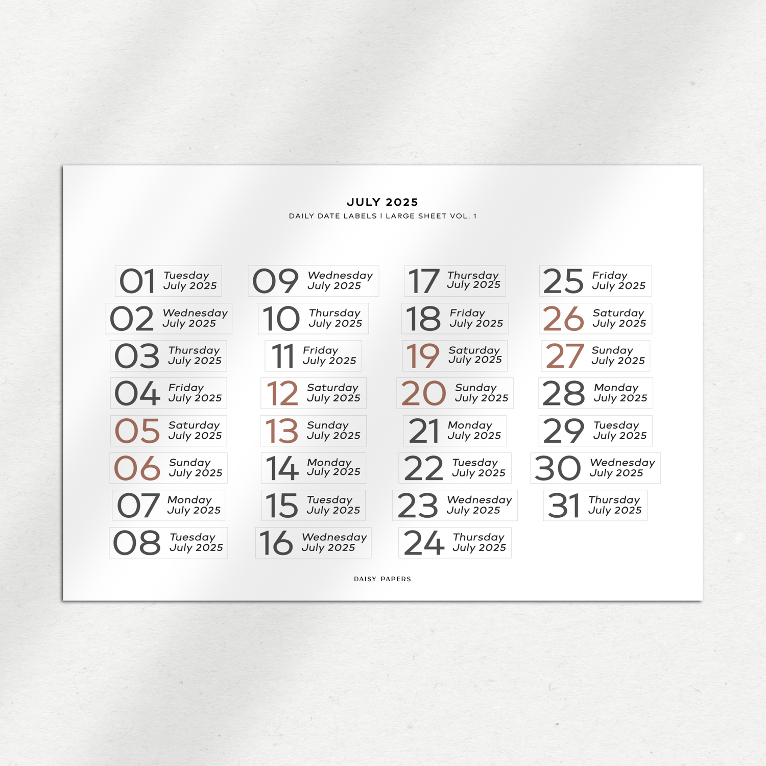 2025 Daily Date Labels - Large Sheet Vol. 1 - January to December