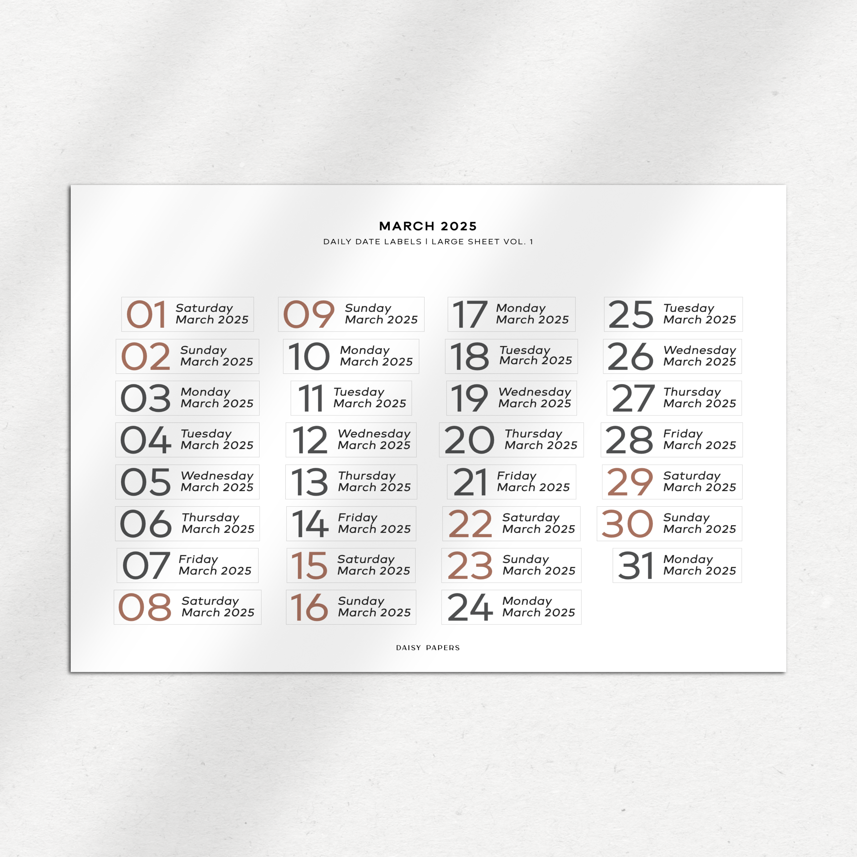 2025 Daily Date Labels - Large Sheet Vol. 1 - January to December