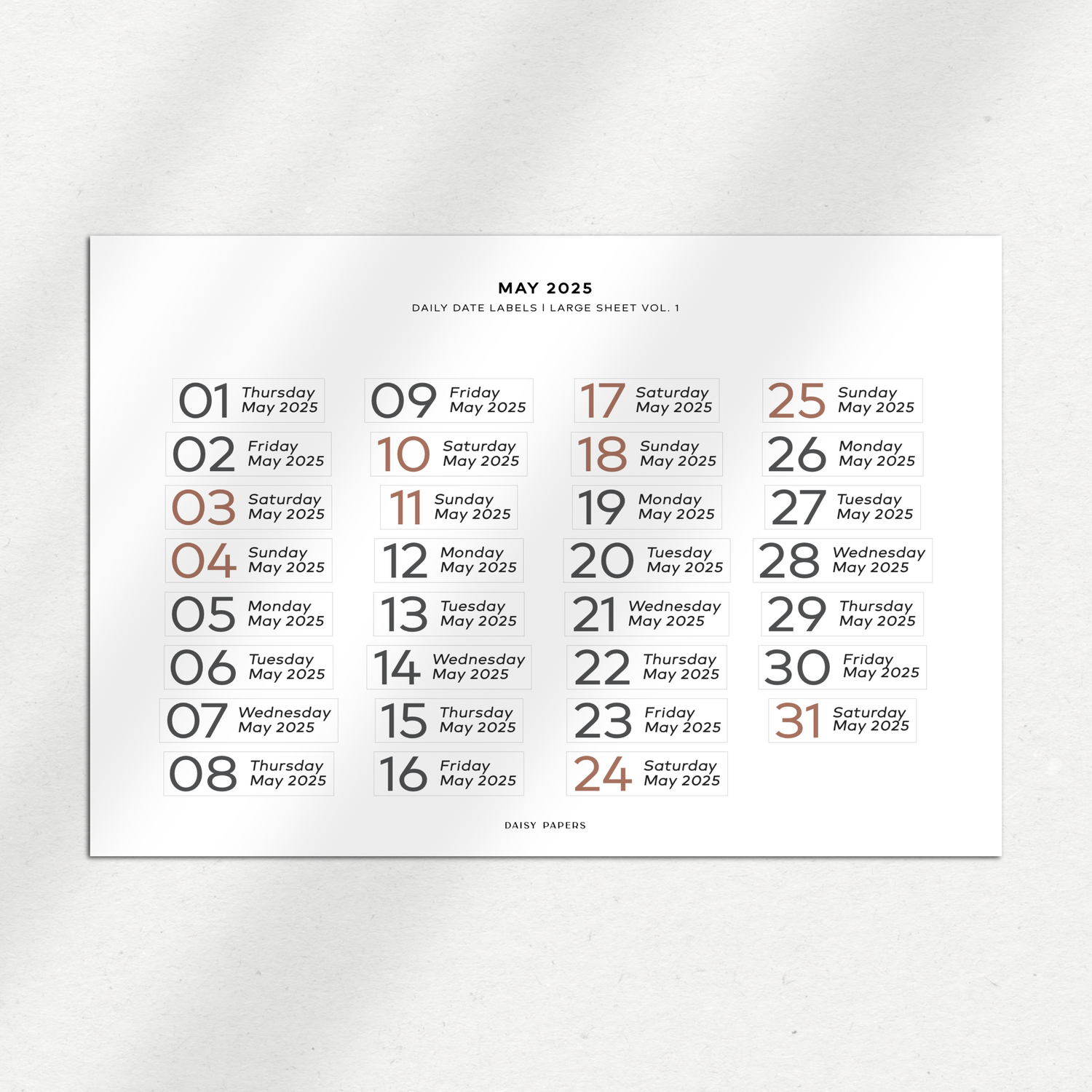 2025 Daily Date Labels - Large Sheet Vol. 1 - January to December