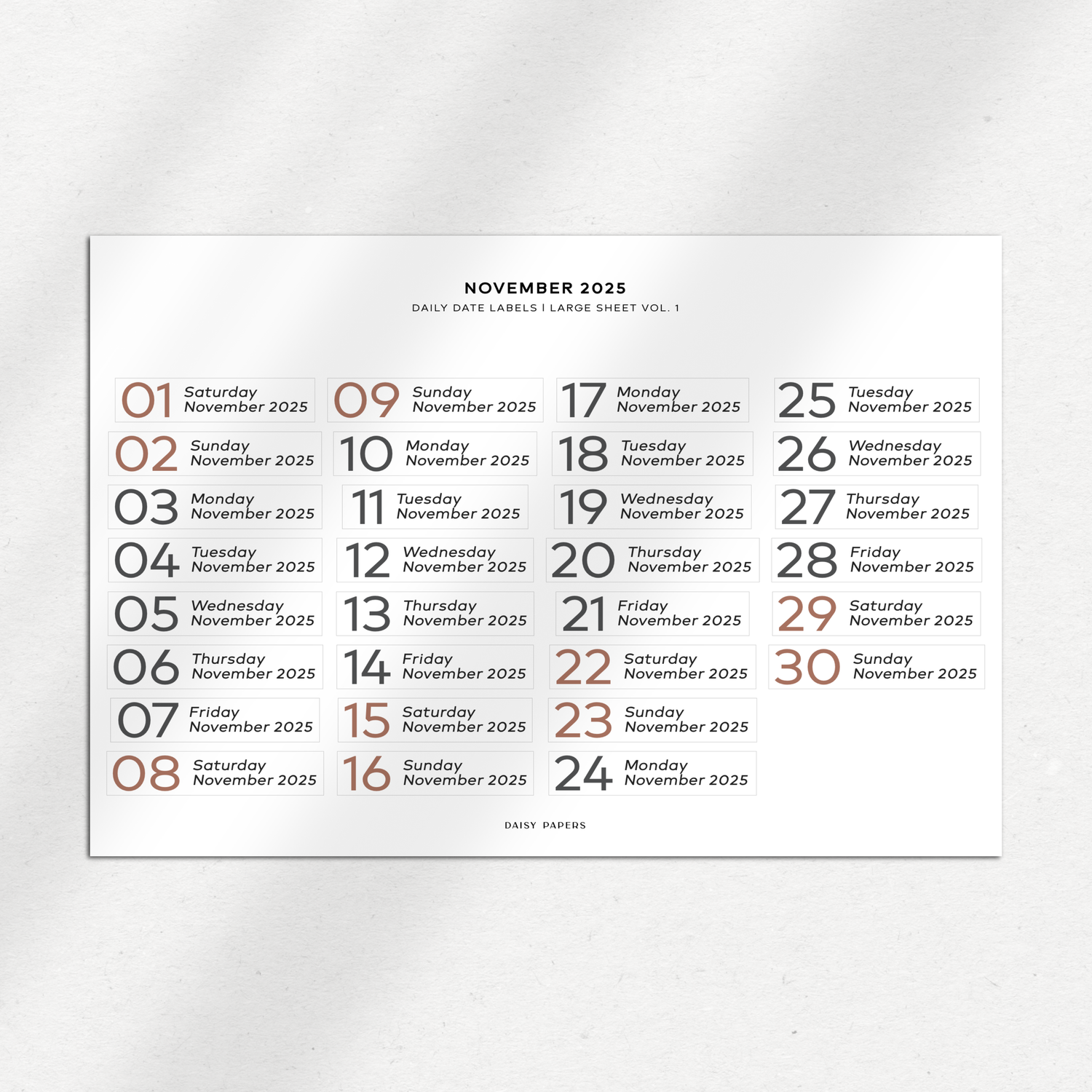 2025 Daily Date Labels - Large Sheet Vol. 1 - January to December