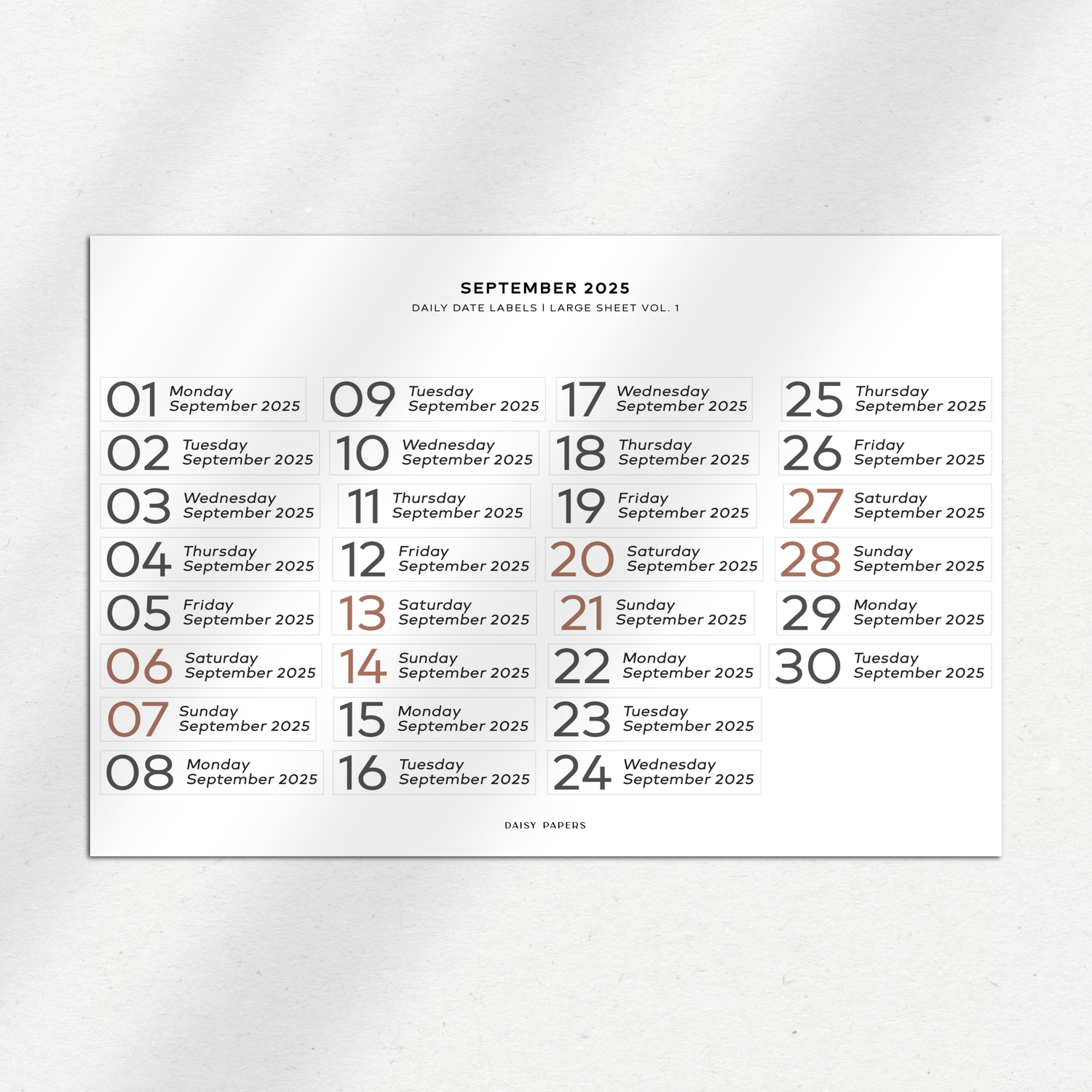 2025 Daily Date Labels - Large Sheet Vol. 1 - January to December