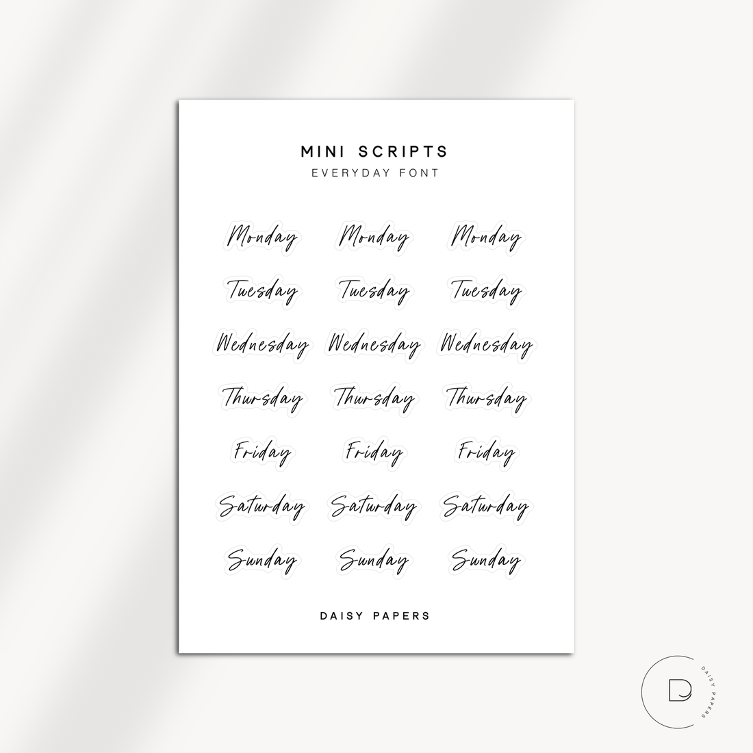 MINI SCRIPTS | EVERYDAY FONT - DAYS OF THE WEEK